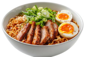 Savory Pork Ramen Noodles with Soft Boiled Eggs and Green Onions, Delicious and Easy Recipe, Transparent Background png