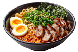 Spicy Pork Ramen Noodles with Seaweed, Egg, and Green Onions on a Transparent Background png
