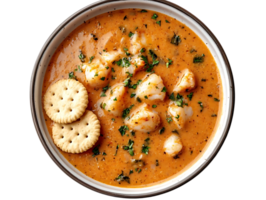 Creamy Seafood Chowder with a Transparent Background, Served with Crackers, Easy and Delicious Recipe png