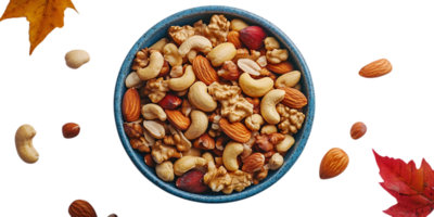 A Bowl of Mixed Nuts with Transparent Background and Fall Leaves png