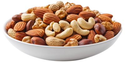 A Bowl of Mixed Nuts with a Transparent Background, a Delightful Blend of Almonds, Cashews, Hazelnuts, and Walnuts png