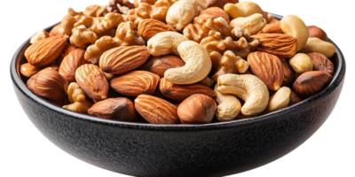 A Bowl of Assorted Nuts, Featuring Almonds, Cashews, Walnuts, and Hazelnuts, Displayed on a Transparent Background png