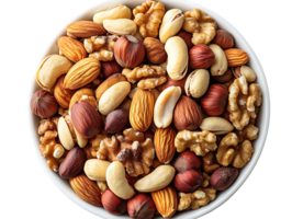 A Bowl of Mixed Nuts, Almonds, Walnuts, Cashews, Hazelnuts, and Pistachios with a Transparent Background png