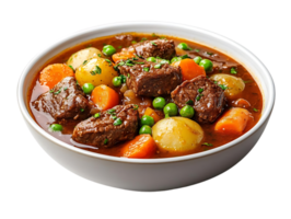 Delicious Beef Stew with Carrots, Potatoes, and Peas in a White Bowl on a Transparent Background png