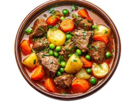 Beef Stew with Carrots, Potatoes, and Peas in a Brown Bowl on a Transparent Background png