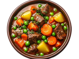 Hearty Beef Stew with Carrots, Potatoes, and Peas in a Rich Brown Gravy, Served in a Rustic Bowl with a Transparent Background png