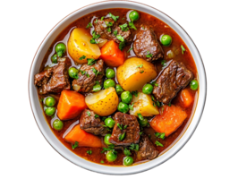 Hearty Beef Stew with Potatoes, Carrots, and Peas in a Rich Gravy - Transparent Background png