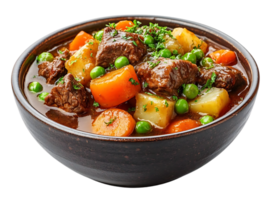 Beef Stew with Carrots, Potatoes, and Peas in a Brown Bowl with a Transparent Background png