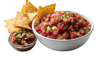 Fresh Tomato Salsa with Cilantro, Onion, and Lime Juice Served with Crispy Tortilla Chips on a Transparent Background png