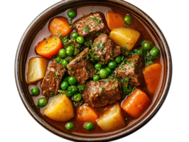 Savory Beef Stew with Carrots, Potatoes, and Peas, a Hearty Meal with a Transparent Background png