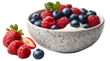 A Bowl of Fresh Raspberries and Blueberries with Yogurt, Isolated on a Transparent Background png