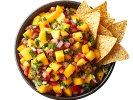 Fresh Mango Salsa with Cilantro, Red Onion, and Tomatoes, Served with Crispy Tortilla Chips on a Transparent Background png