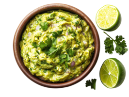 Fresh Guacamole with Cilantro and Lime, Served in a Wooden Bowl on a Transparent Background png
