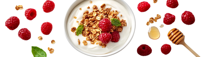 Yogurt with Granola, Raspberries and Honey, a Delicious and Healthy Breakfast Option with a Transparent Background png