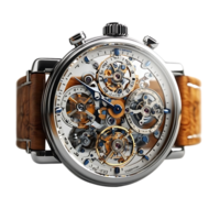 Vignet  EG35.45 Mechanical Skeleton Watch with Transparent Background and Brown Leather Strap png