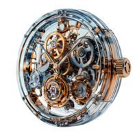 Transparent Watch with Intricate Gold Gears Displaying Time Precisely and Elegantly, a Mechanical Marvel png