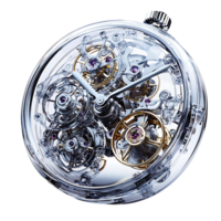 A Transparent Watch with a Complex Movement, Exhibiting Intricate Gears and a Refined Design, on a Black Background png