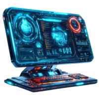 Futuristic Computer with Transparent Background, Glowing with Blue and Red Lights, Displaying Futuristic Interface png