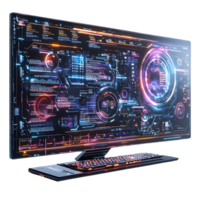 Futuristic Computer with Transparent Background and Neon Lights Displays Futuristic Interface png