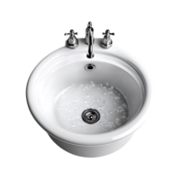 White Ceramic Sink with Chrome Faucets and Water Bubbles, Transparent Background png