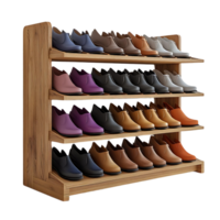 Organized Shoe Collection Displayed on Wooden Shelf with Transparent Background png
