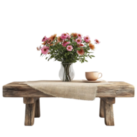 rústico de madera mesa con rosado flores en un florero y un taza de té en un arpillera Manteles, transparente antecedentes png