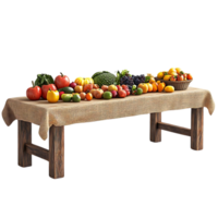 A Table Covered in a Rustic Burlap Tablecloth is Laden with a Bountiful Harvest of Fresh Fruits and Vegetables, Including Apples, Oranges, Grapes, and Pumpkins, All Displayed with a Transparent Background. png