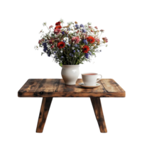 A Rustic Wooden Table with a Bouquet of Flowers and a Cup of Tea, Transparent Background png