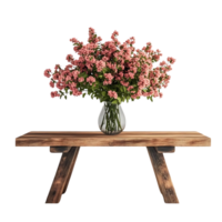 Pink Flowers in a Vase on a Wooden Table with a Transparent Background png