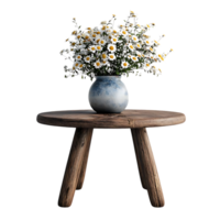 Rustic Wooden Table with a Vase of Daisies Against a Transparent Background png