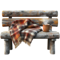 Cozy Rustic Bench with Blanket, Cup of Coffee, and Steam, Transparent Background png