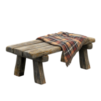 Rustic Wooden Bench with Plaid Blanket, Isolated on Transparent Background png