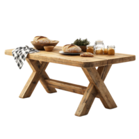 Rustic Wooden Table with Bread, Jars, and a Checkered Napkin on a Transparent Background png