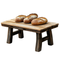 Three Loaves of Bread Resting on a Rustic Wooden Table with a Transparent Background png