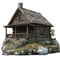 Rustic Log Cabin with a Transparent Background, Perched on a Rocky Outcropping, Perfect for Fantasy or Medieval Settings png