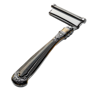 Classic Silver Razor with Transparent Background, Ornate Design, and a Black Handle. png