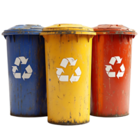 Three Recycle Bins with Transparent Background, a Blue, Yellow, and Red Bin Displaying Recycling Symbol,  Representing the Importance of Recycling. png