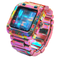 A Futuristic Digital Watch Displays Time with a Transparent Background, Featuring a Colorful, Glitching Design. png