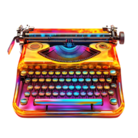 Vintage Typewriter with Transparent Background, Colorful Keyboard, Retro Design, Old-Fashioned Writing Machine, Classic Technology, Digital Art, 3D Render, Rainbow Hues, Glowing Keys, Creative Inspiration, Text Editor png