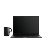 Laptop with a Transparent Background, Black Mug on a Desk, Black Laptop on a White Desk, Modern Desk Setup with a Black Laptop, Minimalistic Desk with a Laptop, Simple Desktop Setup, Clean and Minimal Desk, Laptop on a Desk with a Mug,  Black Mug on a Whi png