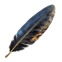 A Single Black Feather with a Golden Stripe, Glowing with Light, on a Transparent Background png