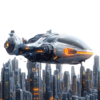 Futuristic Spaceship Soaring Above a City with Transparent Background png