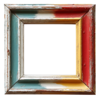 Distressed Wooden Picture Frame with Multicolored Paint,  A Rustic and Colorful Decor Element with a Transparent Background png