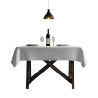 Romantic Dinner Table Setting with Transparent Background, Wine Bottle and Glasses,  Rustic Wooden Table and White Tablecloth png