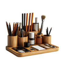 Organize Your Desk with a Stylish Wooden Organizer Featuring a Transparent Background, Perfect for Pens, Brushes, and Other Supplies. png