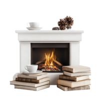 Cozy Fireplace with Books and Coffee Cups, Creating a Warm and Inviting Atmosphere with a Transparent Background png