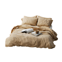 Cozy Bed with Tan Linen Sheets, Open Book, and Cup of Coffee on a Transparent Background png