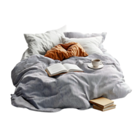 Cozy Bed with Striped Bedding, Open Book, Cup of Coffee, and Pillows - Transparent Background png
