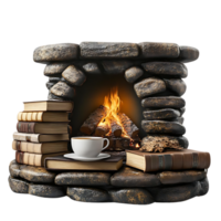 Cozy Fireplace with Books and Coffee, Relaxing by the Fire with Warmth and Comfort, a Tranquil Setting for Reading and Enjoyment, Transparent Background png