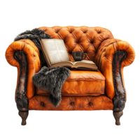 Leather Armchair with a Book, a Cup of Coffee, and a Cozy Blanket, Perfect for Relaxation and Enjoyment, Transparent Background. png